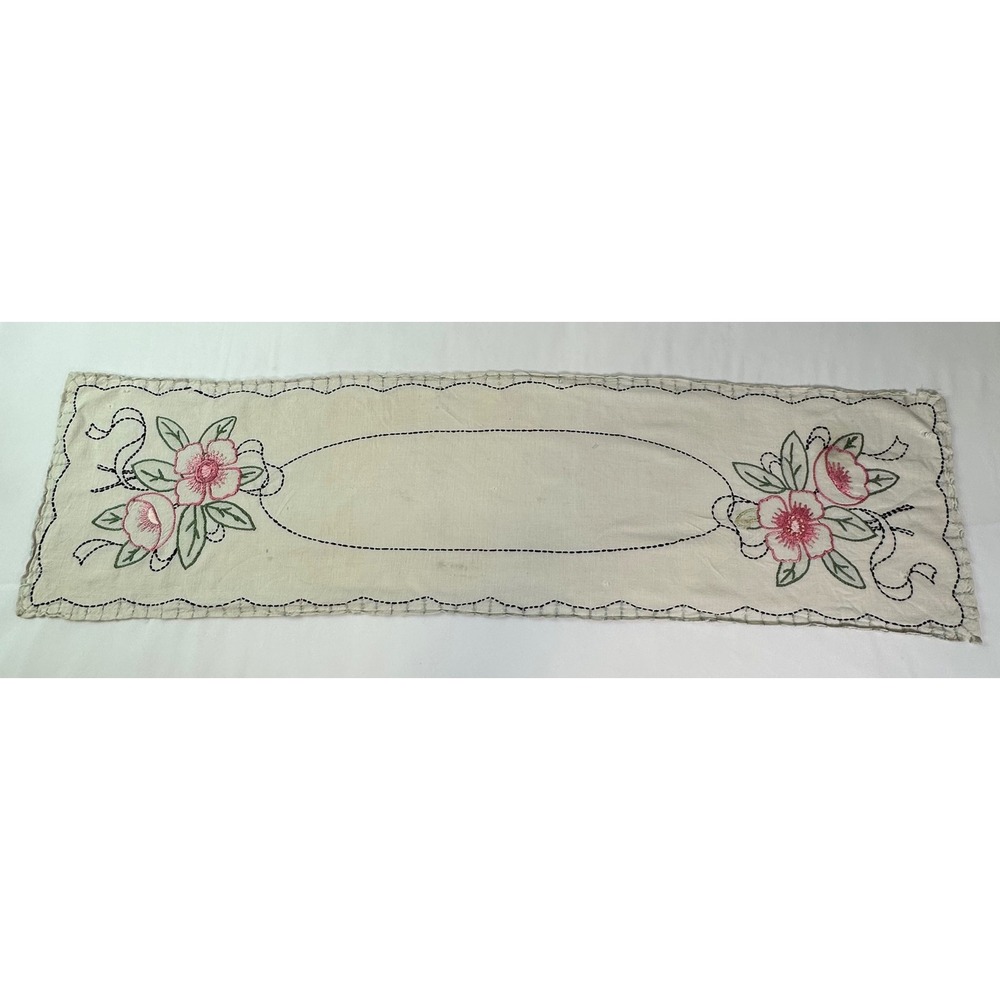 Vintage Hand Embroidered Floral Table Runner Cream Pink Scalloped Edge
